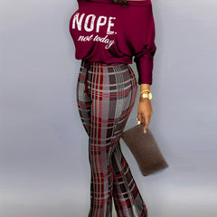 Letter Print Off Shoulder Top & Plaid Print Pants Set