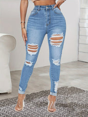 Ripped Stretchy Skinny Fit Jeans High Waist Denim Jeans