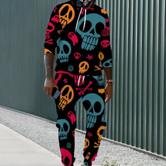 Skull Print Men's Casual Hoodie Sweatpants Set