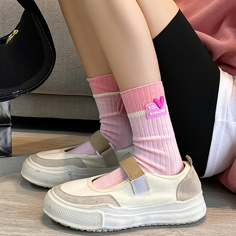 4 Pairs Heart Pattern Socks Colorblock Crew Women's Stockings