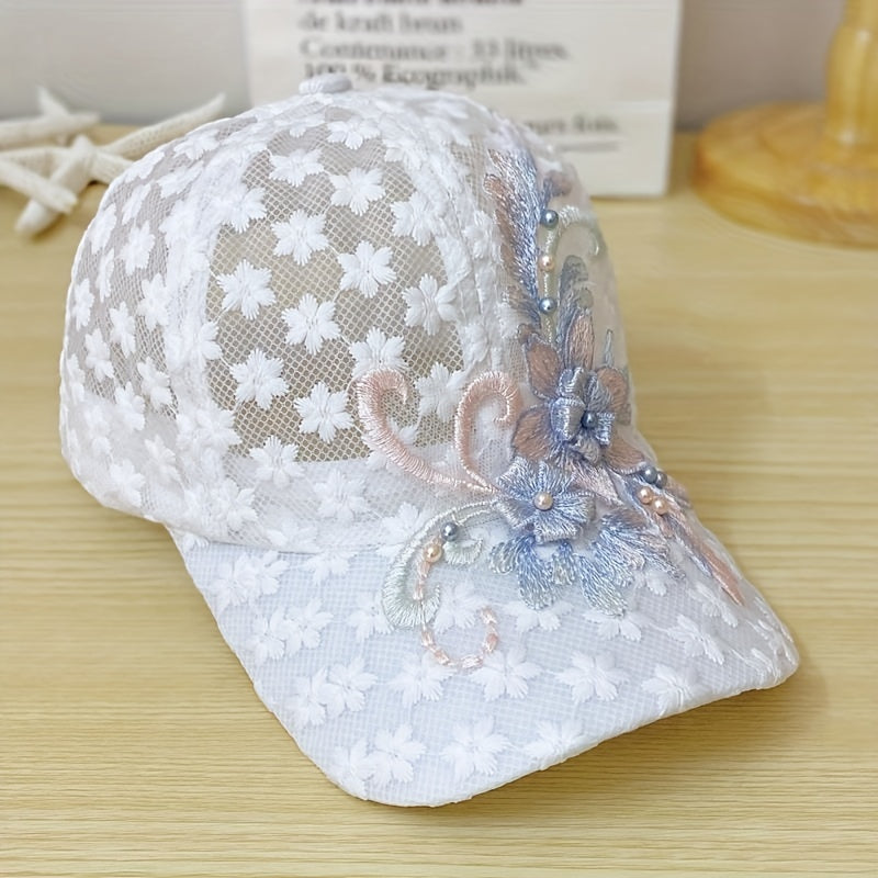 Flower Embroidery Baseball Cap Faux Pearl Decor Sports Hats