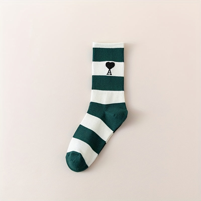 4 Pairs Heart & Striped Crew Socks - Comfy & Breathable Women's Stockings