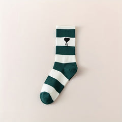 4 Pairs Heart & Striped Crew Socks - Comfy & Breathable Women's Stockings