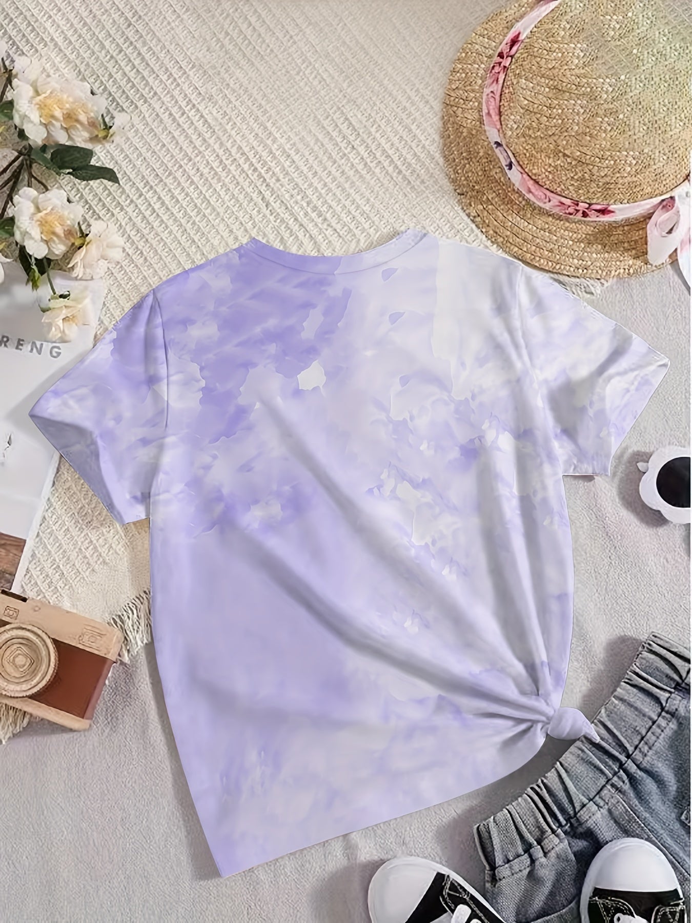 Tie Dye Cat Graphic Short Sleeve T shirt For Girls
