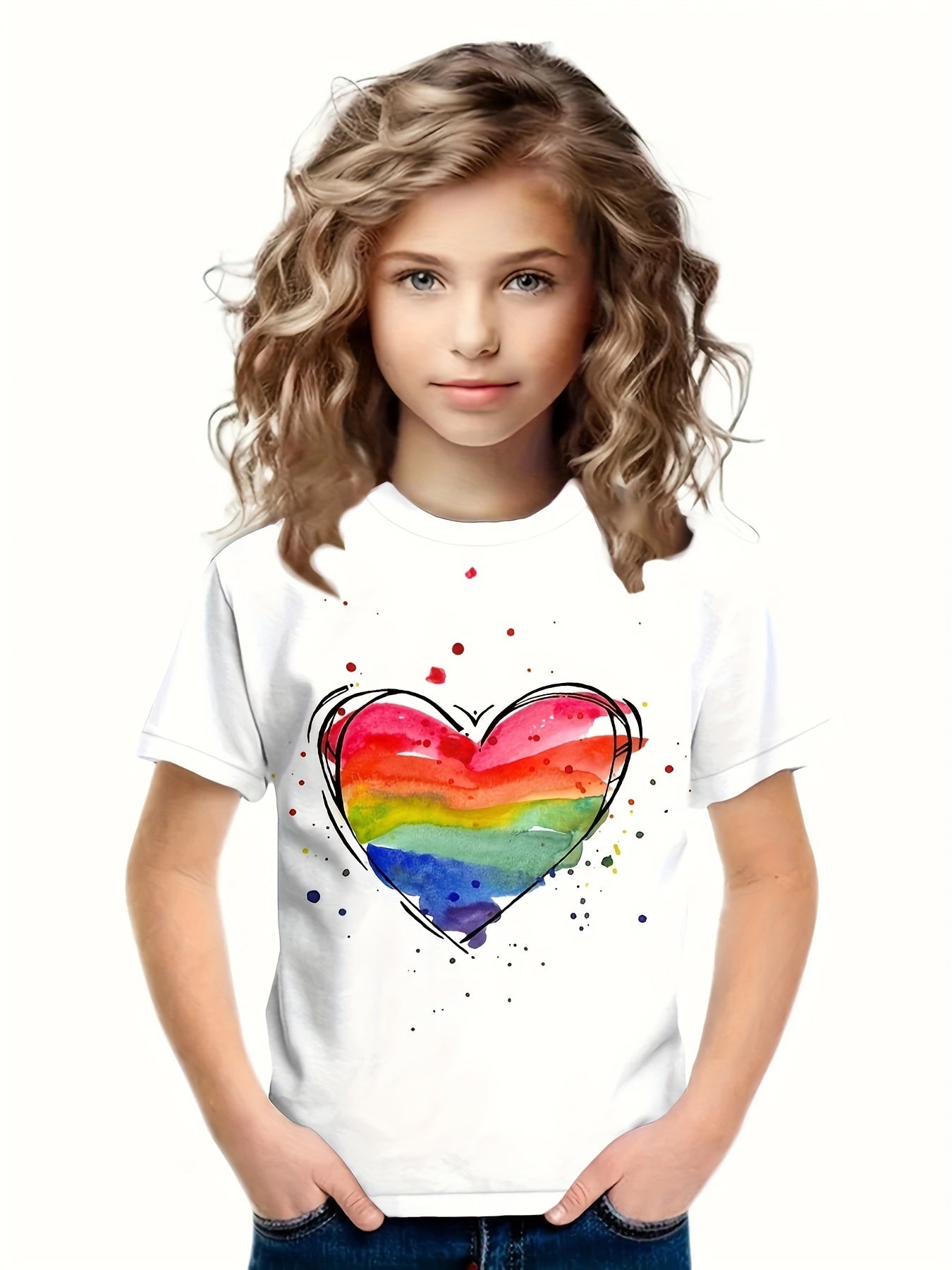 Sweet Heart Graphic Short Sleeve T shirt Crew Neck Tees For Girls