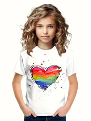 Sweet Heart Graphic Short Sleeve T shirt Crew Neck Tees For Girls