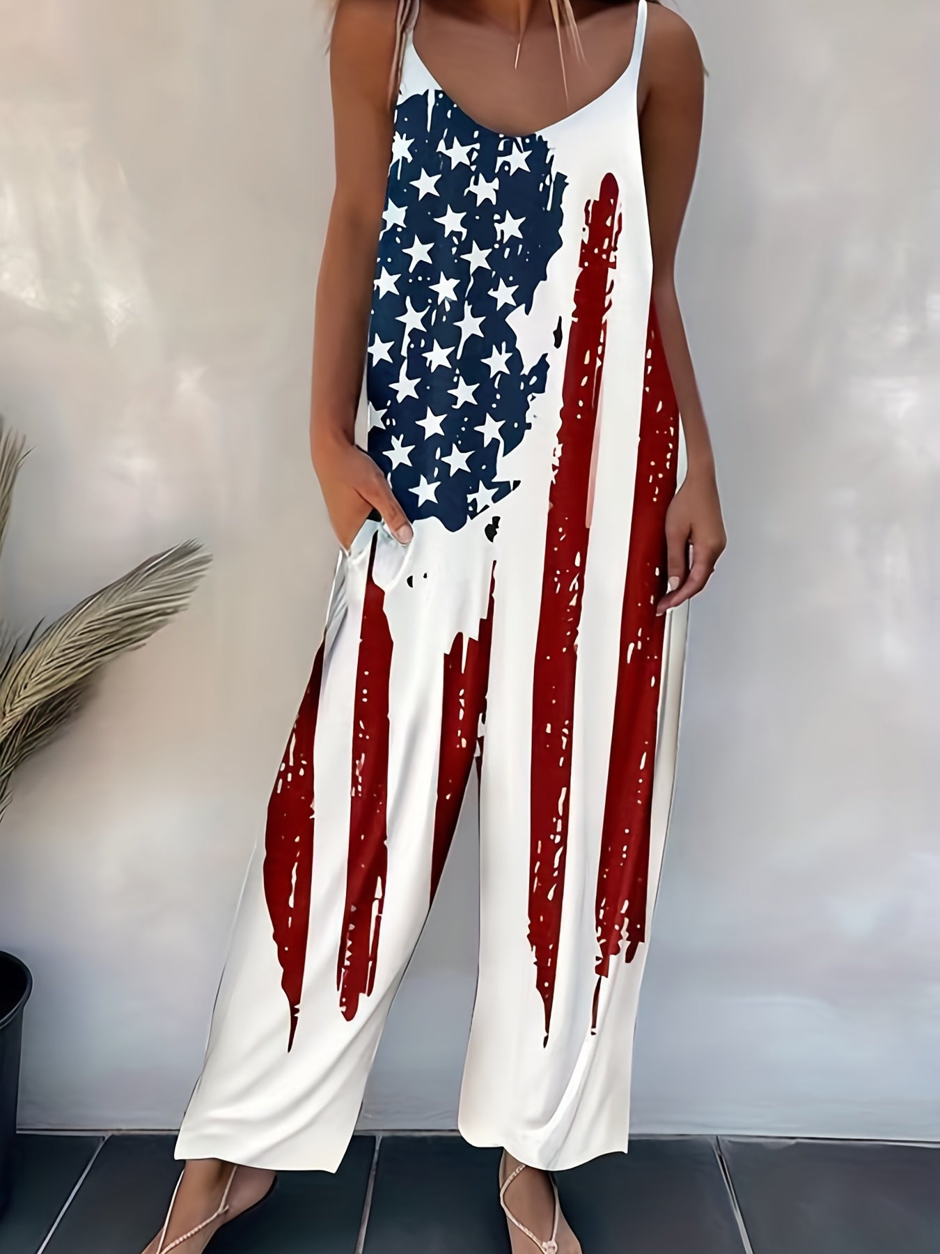 Flag Print Wide Leg Jumpsuit Sleeveless Casual Jumpsuit for Spring & Summer