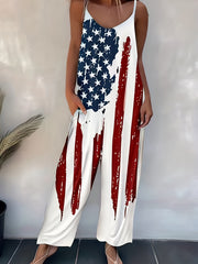 Flag Print Wide Leg Jumpsuit Sleeveless Casual Jumpsuit for Spring & Summer