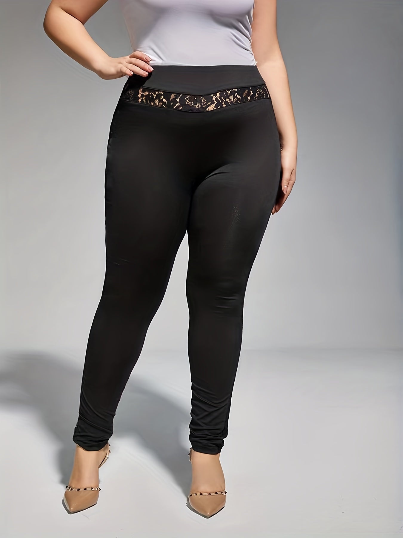 Casual Leggings Solid Lace Panel High Stretch Leggings