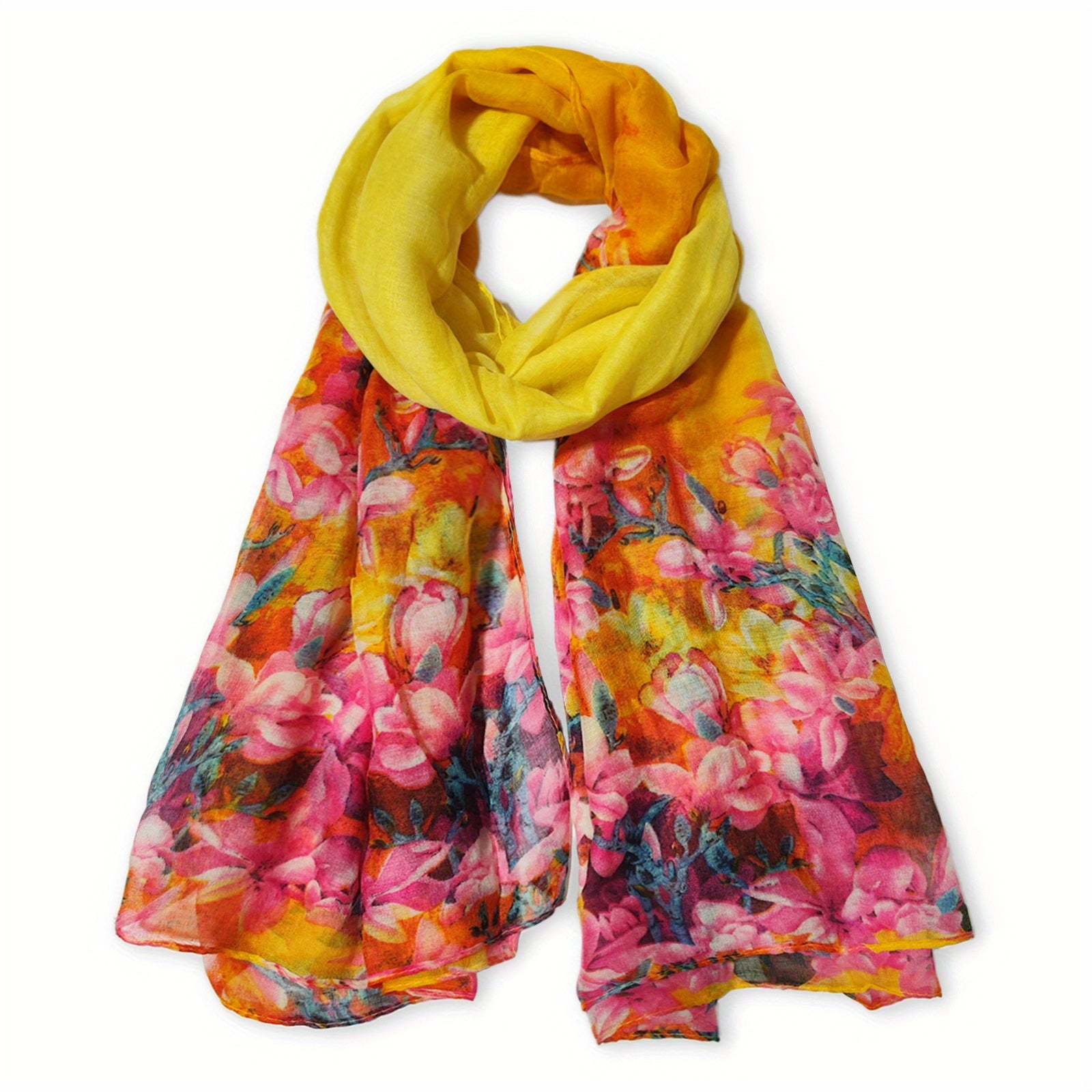 Vintage Yellow Flower Print Scarf Gradient Warm Shawl Women Windproof
