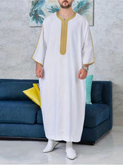Islamic Arabic Kaftan Men Long Sleeve Solid V Neck Muslim Clothes