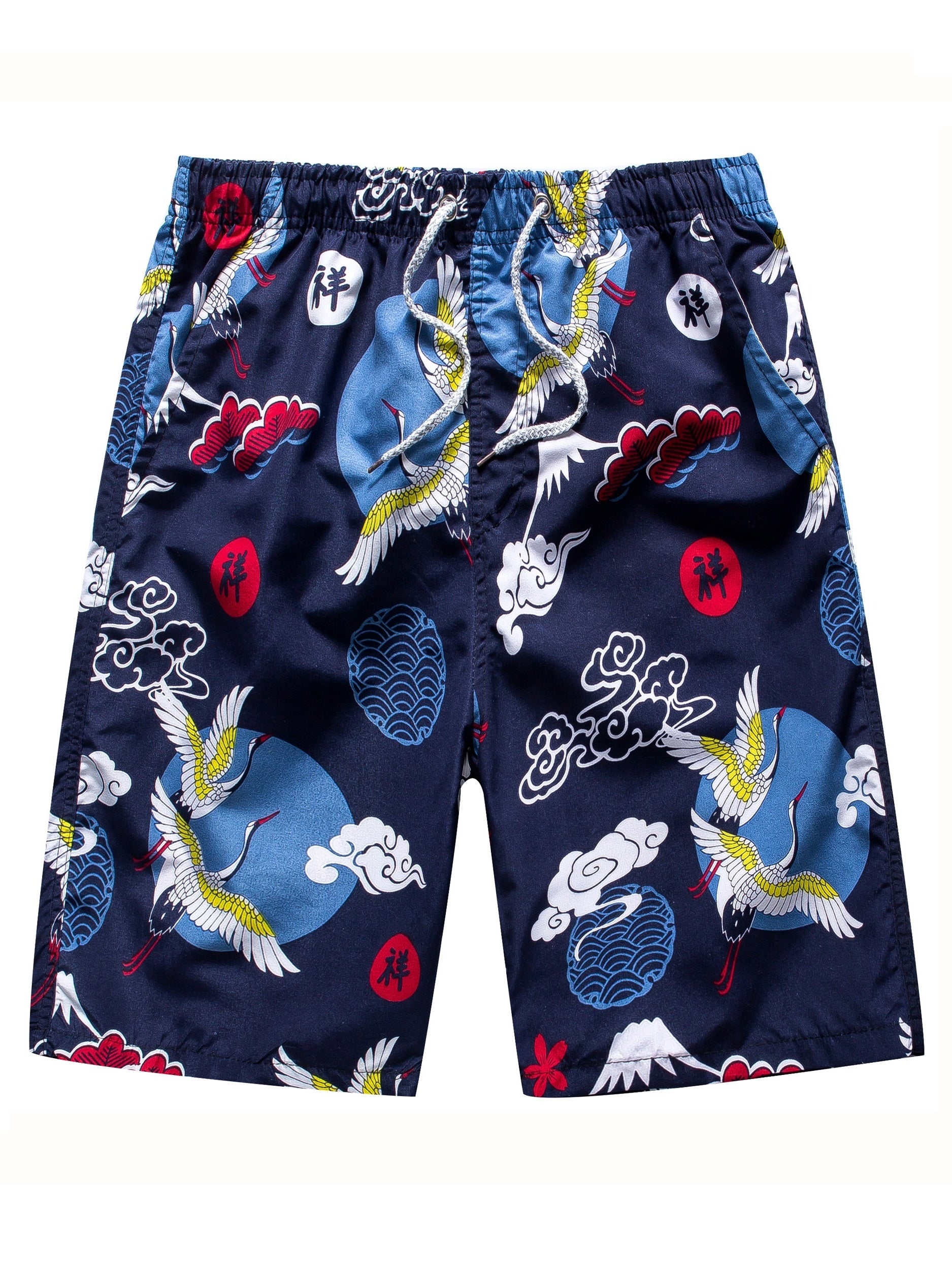 Cloud & Crane Pattern Quick Dry Beach Shorts Men's Waist Drawstring Shorts