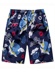 Cloud & Crane Pattern Quick Dry Beach Shorts Men's Waist Drawstring Shorts