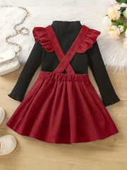 Girl's Preppy Style 2pcs Ribbed Top & Corduroy Overall Skirt Set