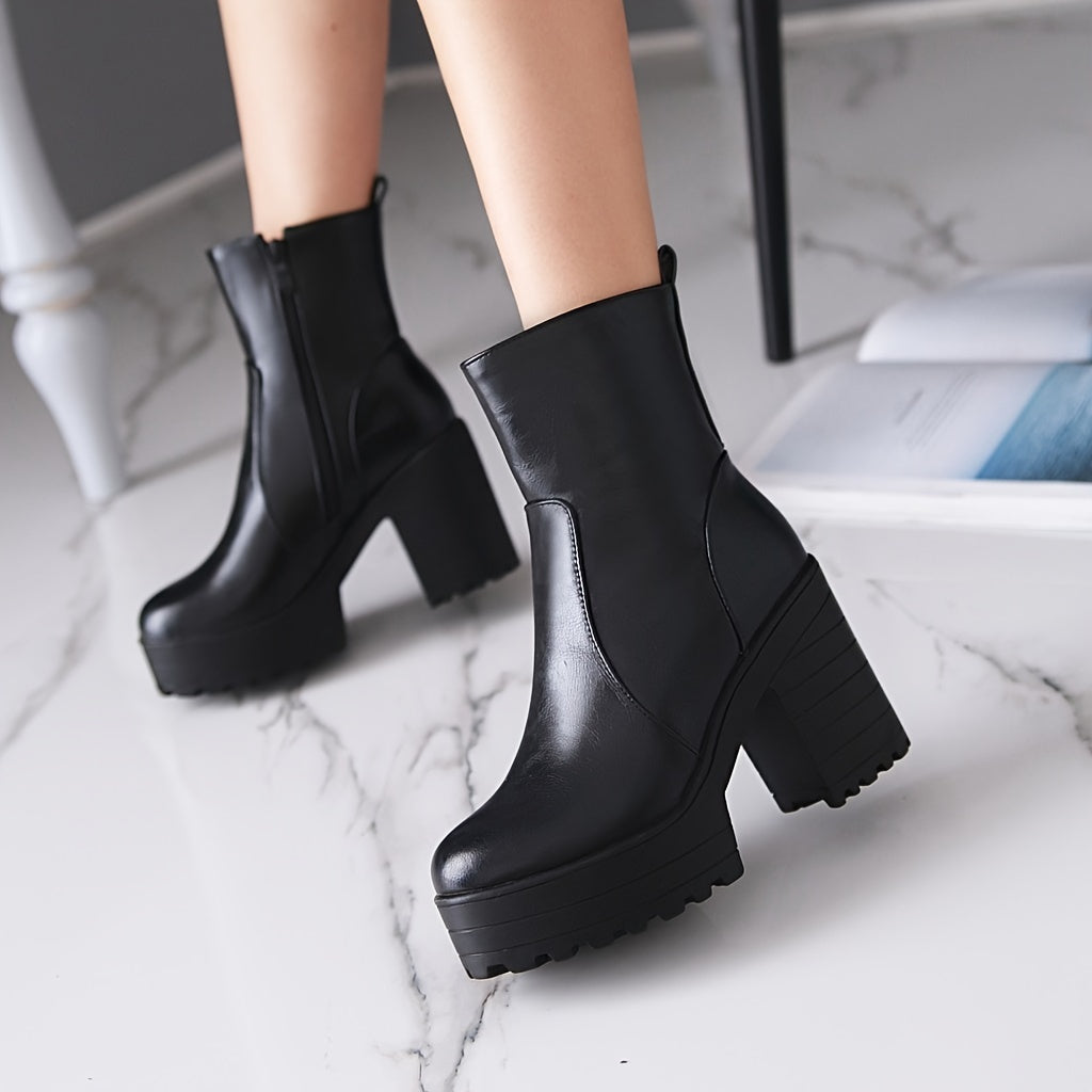 Waterproof Zipper High Heel Ankle Boots Faux Leather Shoes