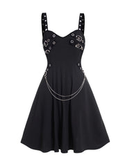 Solid Chain Dress Gothic Vintage V Neck Suspender Dress