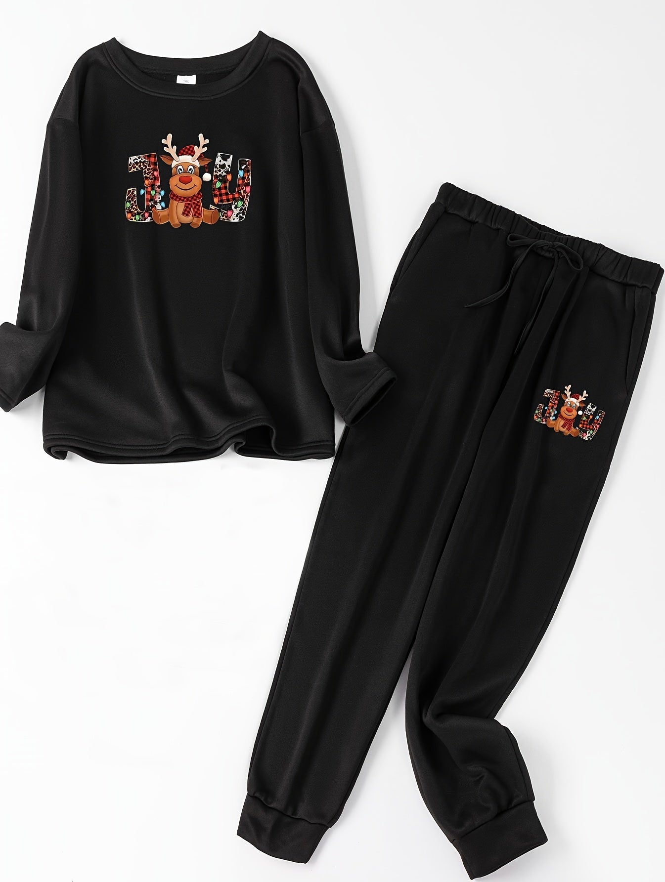 Women's Plus Elk & Letter Print Fleece Top & Joggers Pajamas Set
