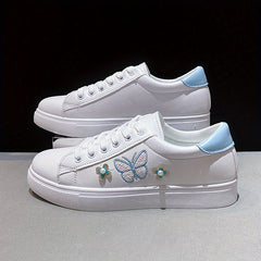 Women's Butterfly Flat Skate Shoes Faux Pearl Decor Low Top Sneakers