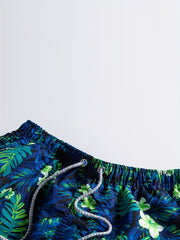 Leaf & Flower Pattern Swim Trunks Quick Dry Beach Shorts Men's Swimwear