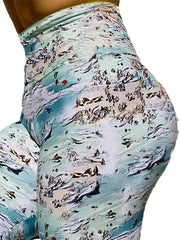 Sea Beach Print High Waist Tummy Control Fitness Pants