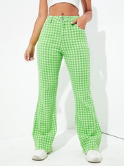 Green Houndstooth Bell Bottom Slim Fit High Waist Y2K Trousers Pants