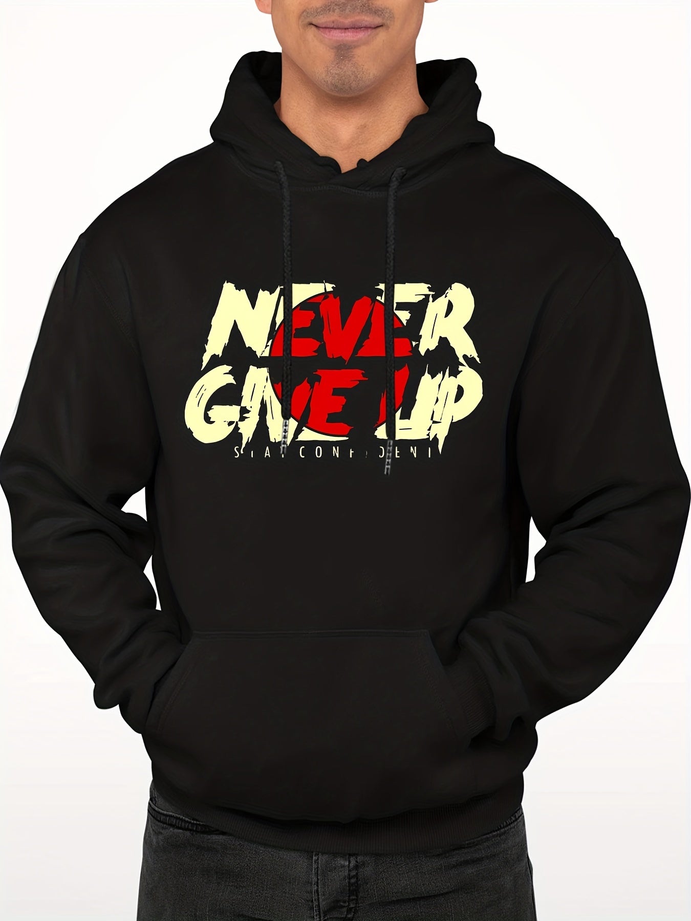 'Never Give Up' Print Hoodie Men's Casual Pullover Hoodie