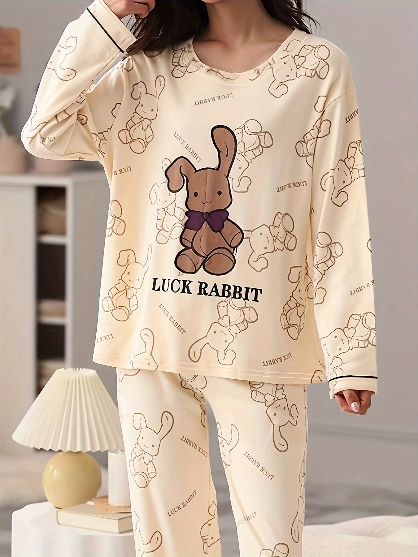 Rabbit Print Pajama Set Long Sleeve Crew Neck Top & Pants