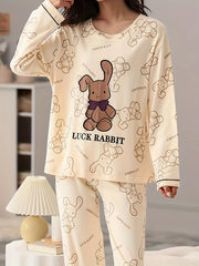 Rabbit Print Pajama Set Long Sleeve Crew Neck Top & Pants