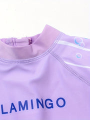 Flamingo Print Girls One Piece Swimsuit Short Sleeve Zipper Round Neck