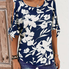 Floral Print Knotted Blouse Split Short Sleeve Crew Neck