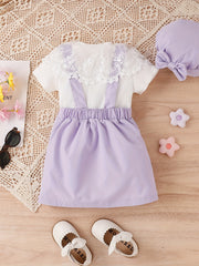 Girls Ribbed T shirt & Short Skirt Jumpsuit Set Lace Decor Tee Top Romper