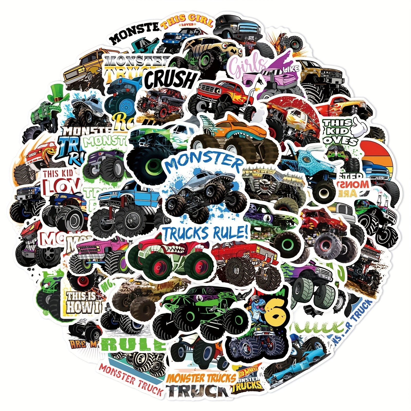 50 Monster Truck Stickers for Helmets Skateboards Water Bottles Laptops