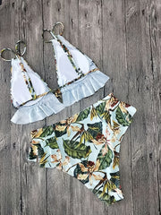 Tropical Print Bikini Set V Neck Backless High Cut High Waist Beachwear