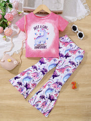 2pcs Toddler Girls Dinosaur T Shirt & Flare Leg Pants Set