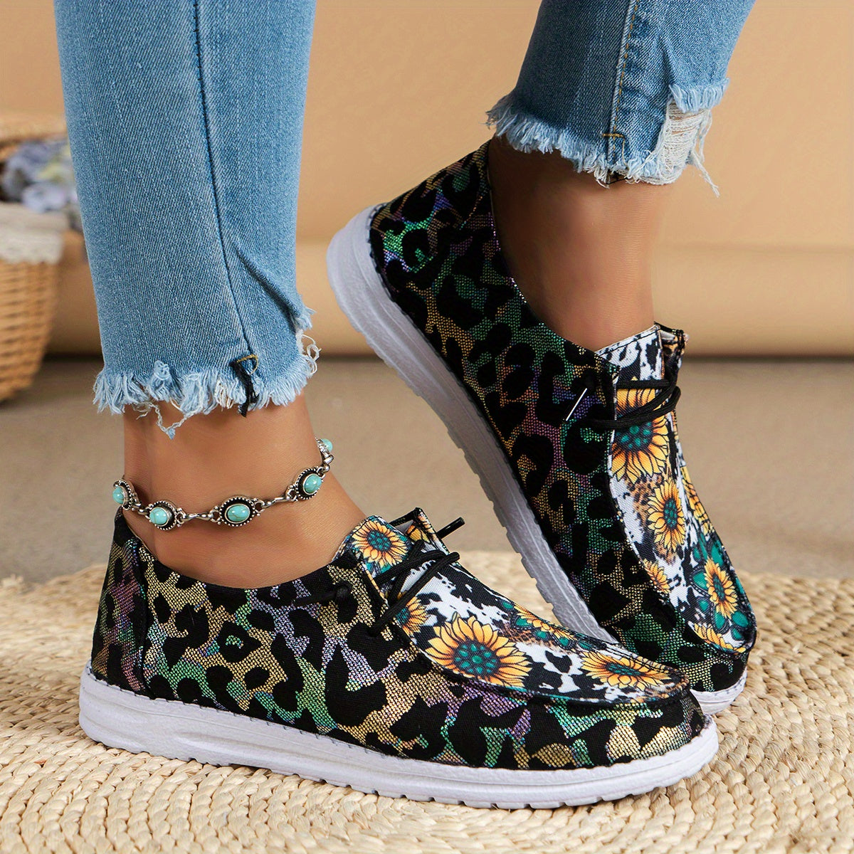 Leopard Print & Sunflower Patchwork Boat Shoes Lace Up Flat Casual Sneakers