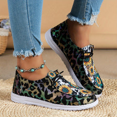 Leopard Print & Sunflower Patchwork Boat Shoes Lace Up Flat Casual Sneakers