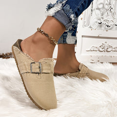 Women's Buckle Belt Flat Mules Closed Toe Non slip Sole Clog Slippers