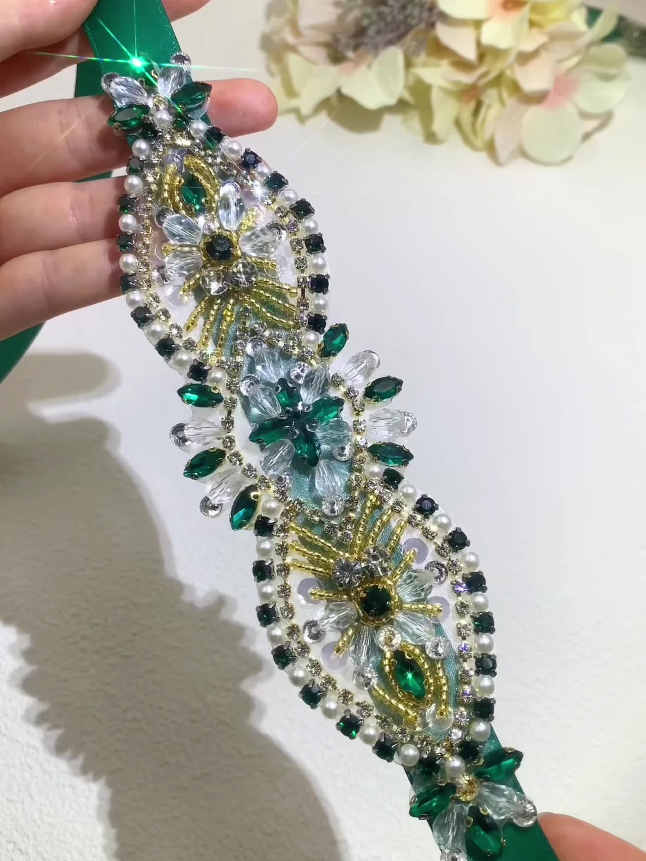 Vintage Rhinestone Waist Belt Sparkling Crystals Green Ribbon Bridal Sash