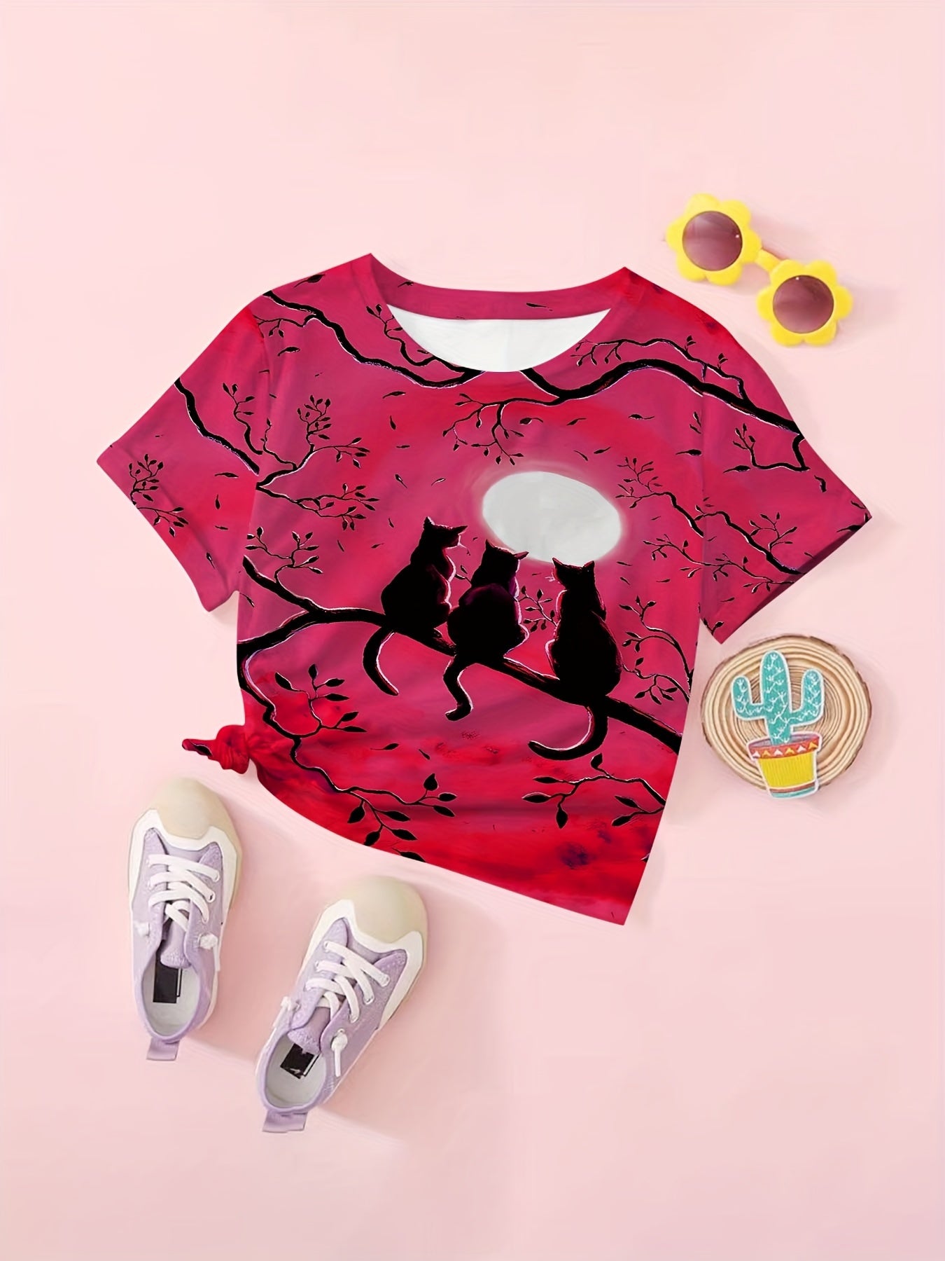 Moon Night Kitty Graphic T shirt Girls Casual Short Sleeve Tees