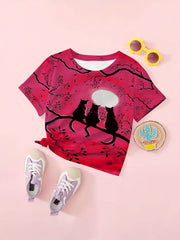 Moon Night Kitty Graphic T shirt Girls Casual Short Sleeve Tees