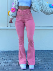 Sexy High Waist Flared Leg Pants Solid Long Length