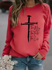 Cross Graphic Print Sweatshirt Crew Neck Women's Clothing