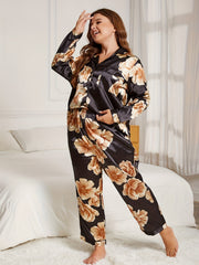 Satin Floral Print Pajama Set Button Up Shirt & Pants
