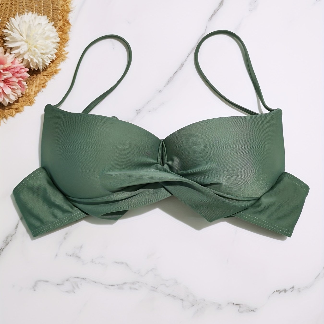 Green Twist Tie Back Bikini Top V Neck High Strech Spaghetti Straps Beachwear