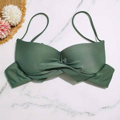 Green Twist Tie Back Bikini Top V Neck High Strech Spaghetti Straps Beachwear