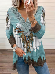 Boho Blouse Geo & Feather Print V Neck Top