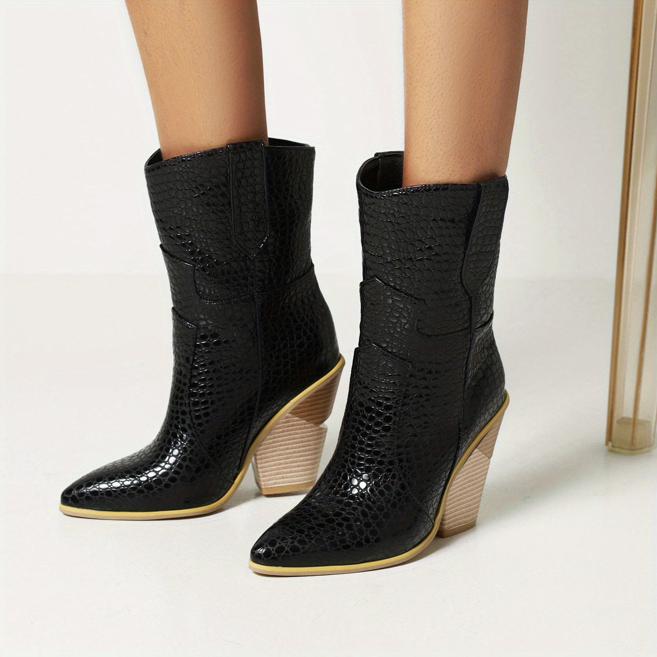 Crocodile Print Chunky Heel Boots Pointed Toe Stacked High Heel Mid Calf Boot