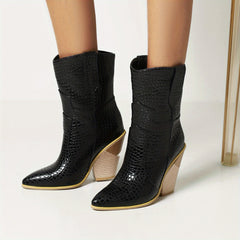 Crocodile Print Chunky Heel Boots Pointed Toe Stacked High Heel Mid Calf Boot