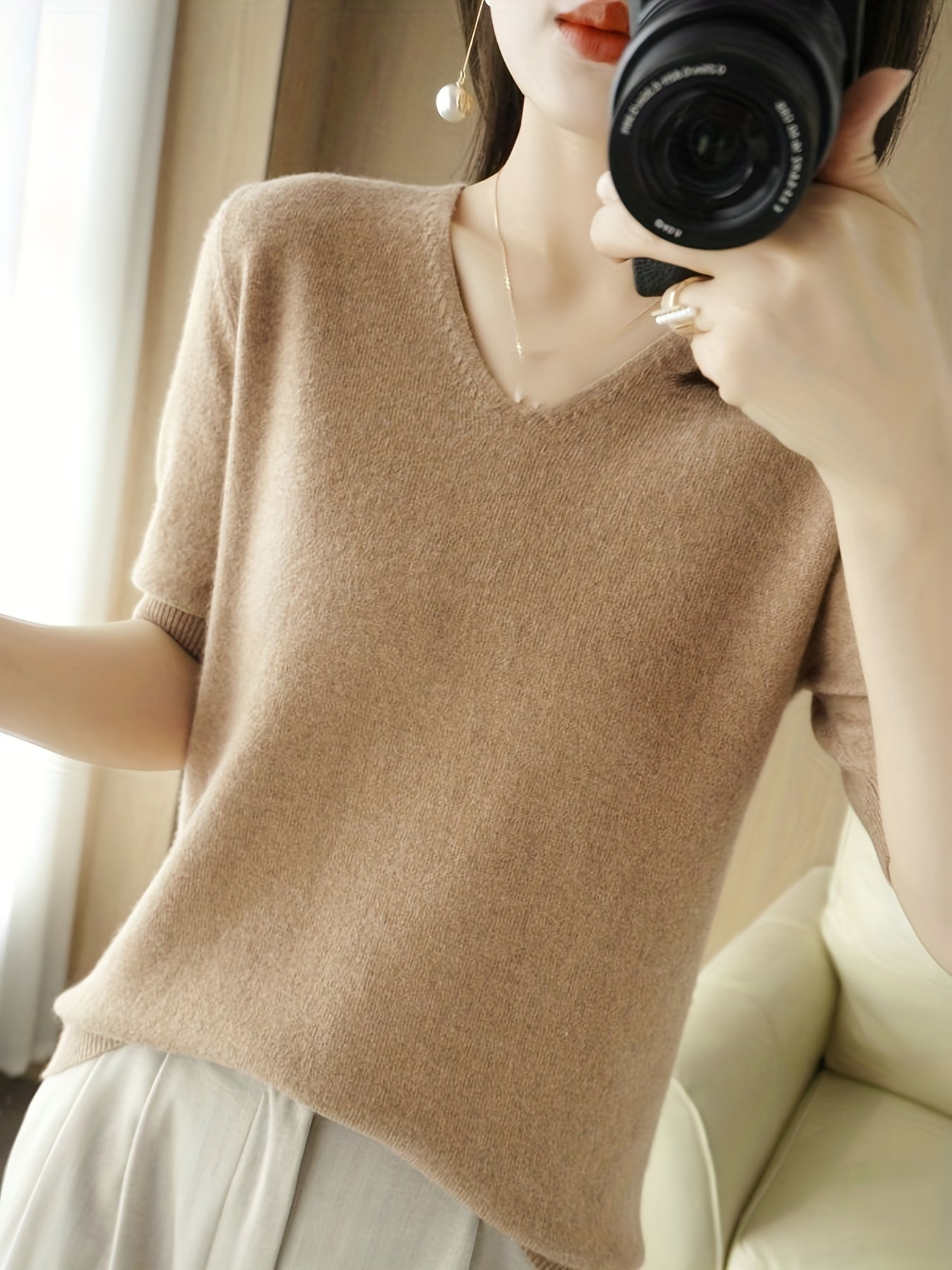 Half Sleeve V Neck Sweater Knitted Casual Top Women's Clothing