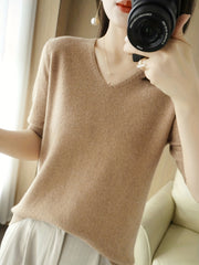 Half Sleeve V Neck Sweater Knitted Casual Top Women's Clothing